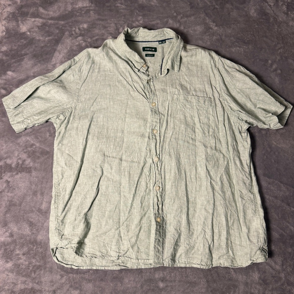 Orvis Mens‎ XXL Sage Green 100% Linen Short Sleeve Button Down Shirt Classic Fit